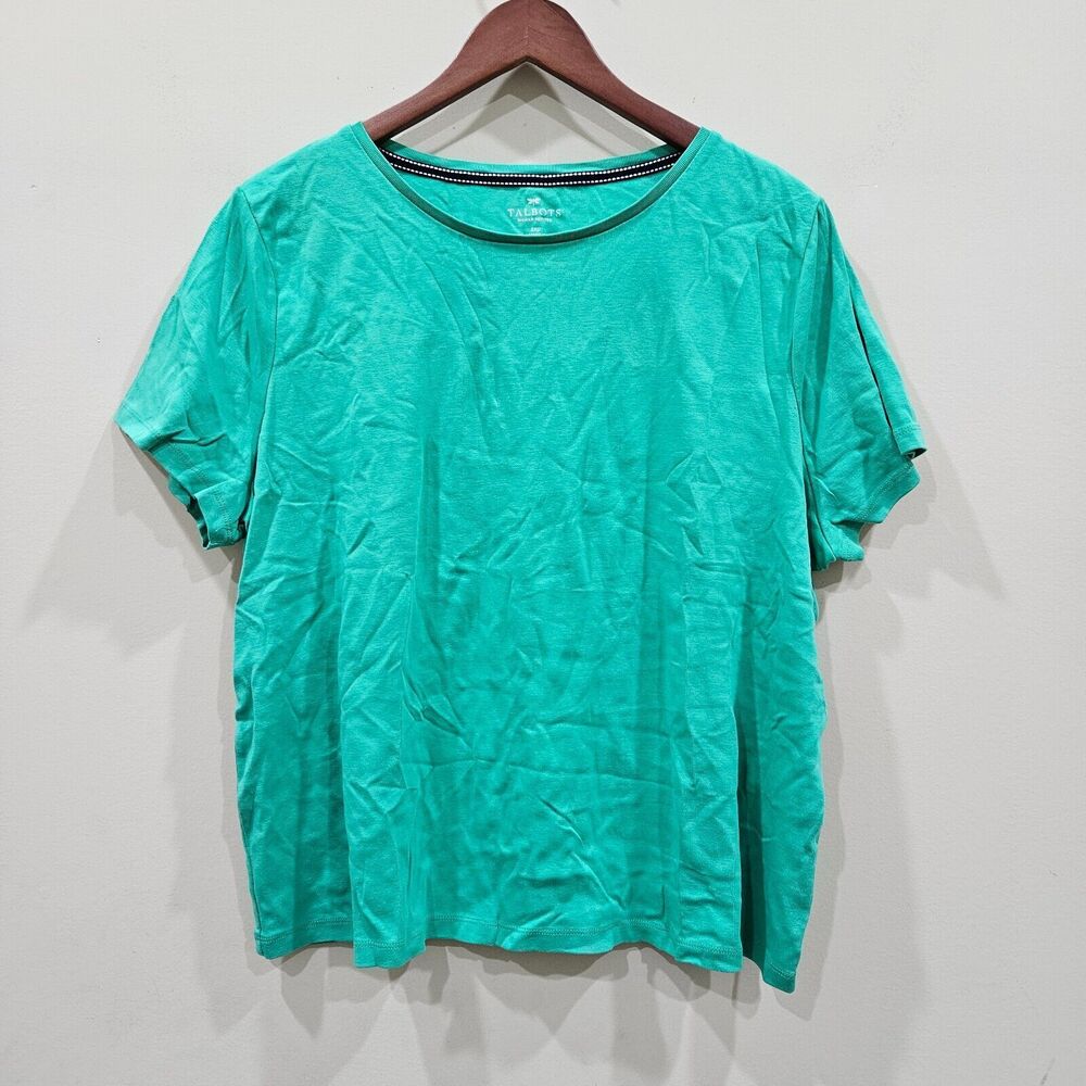 Talbots Womens Crewneck T-Shirt Petites 3XP Green Short Sleeves Stretch Comfort